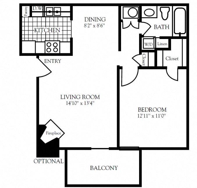 Floor plan for 1 bed, 1 bath, 645 sqft